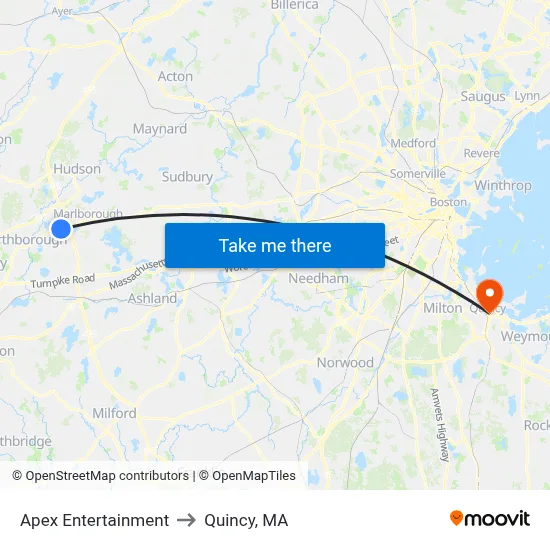 Apex Entertainment to Quincy, MA map