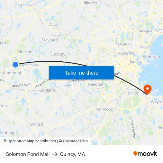 Solomon Pond Mall to Quincy, MA map