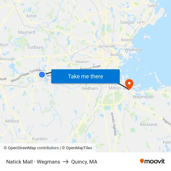 Natick Mall - Wegmans to Quincy, MA map