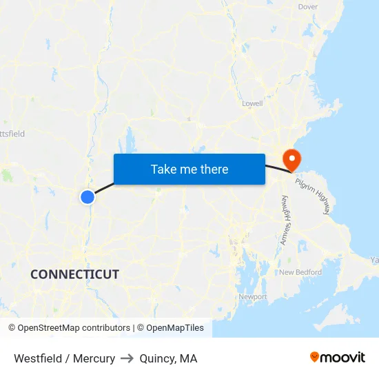 Westfield / Mercury to Quincy, MA map