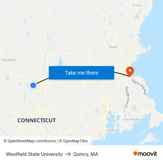 Westfield State University to Quincy, MA map