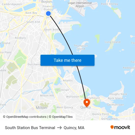 South Station Bus Terminal to Quincy, MA map