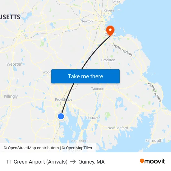 TF Green Airport (Arrivals) to Quincy, MA map