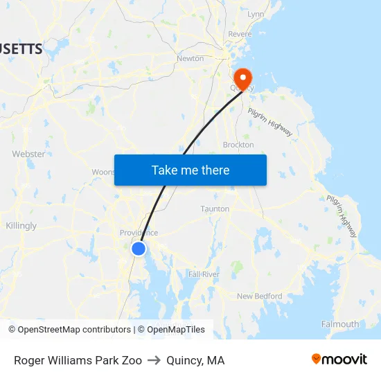 Roger Williams Park Zoo to Quincy, MA map