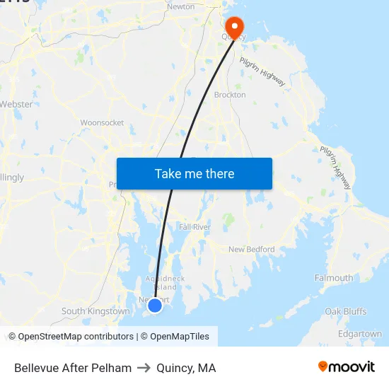 Bellevue After Pelham to Quincy, MA map