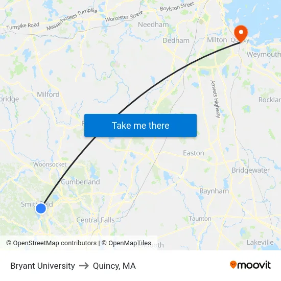 Bryant University to Quincy, MA map