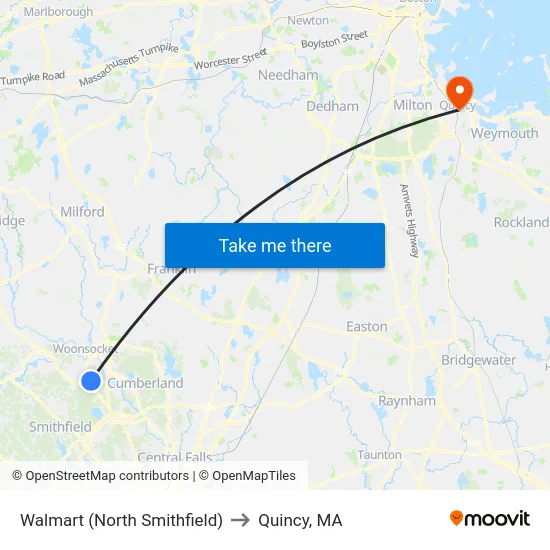 Walmart (North Smithfield) to Quincy, MA map