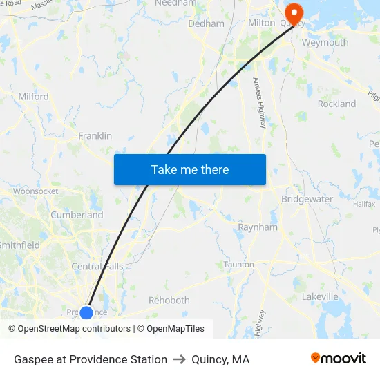 Gaspee at Providence Station to Quincy, MA map