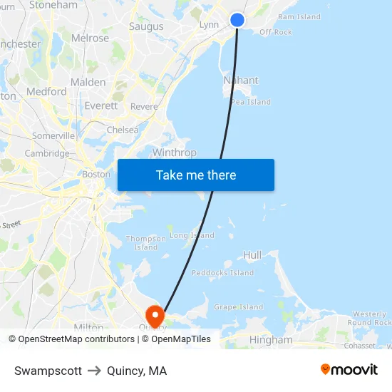 Swampscott to Quincy, MA map