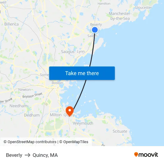 Beverly to Quincy, MA map