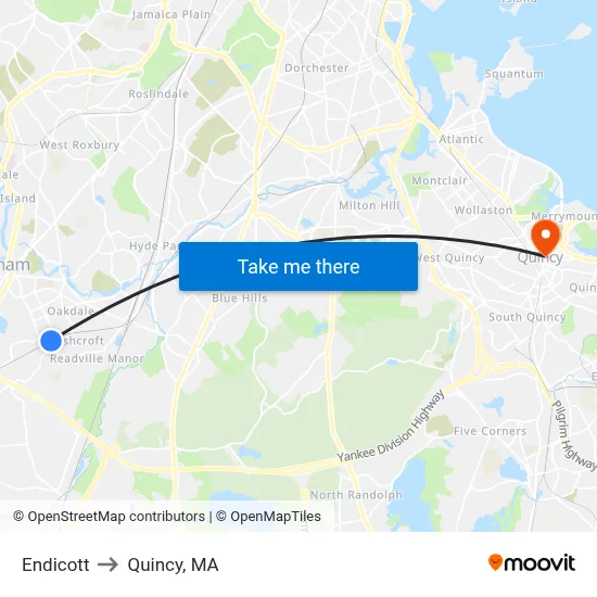 Endicott to Quincy, MA map