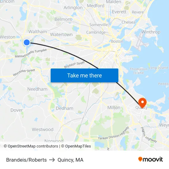 Brandeis/Roberts to Quincy, MA map
