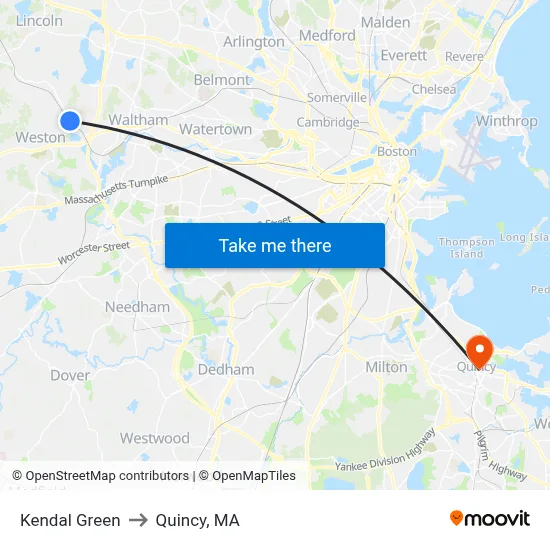 Kendal Green to Quincy, MA map