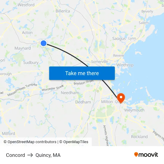 Concord to Quincy, MA map