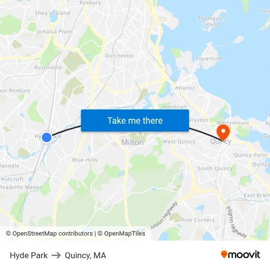 Hyde Park to Quincy, MA map