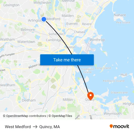 West Medford to Quincy, MA map