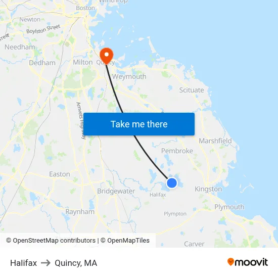Halifax to Quincy, MA map