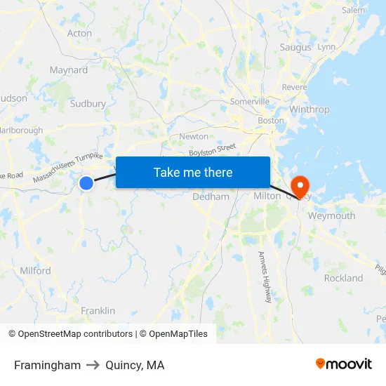 Framingham to Quincy, MA map