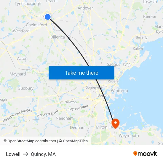 Lowell to Quincy, MA map