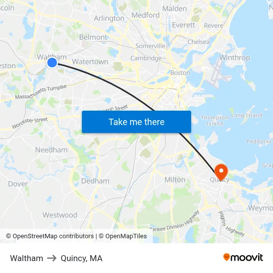 Waltham to Quincy, MA map