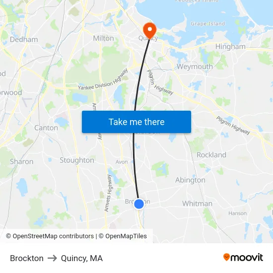 Brockton to Quincy, MA map