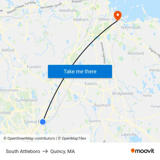 South Attleboro to Quincy, MA map