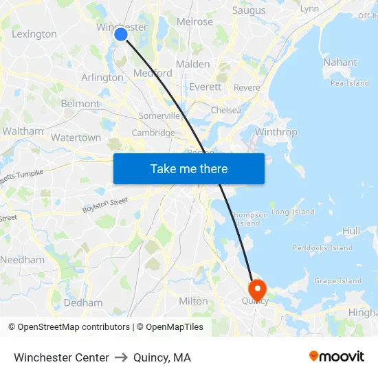Winchester Center to Quincy, MA map