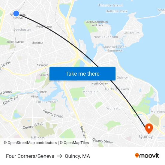Four Corners/Geneva to Quincy, MA map