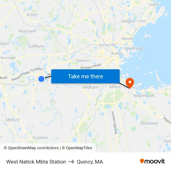 West Natick Mbta Station to Quincy, MA map
