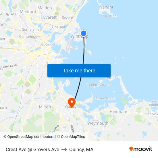 Crest Ave @ Grovers Ave to Quincy, MA map