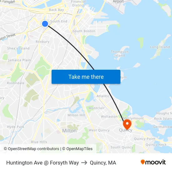 Huntington Ave @ Forsyth Way to Quincy, MA map