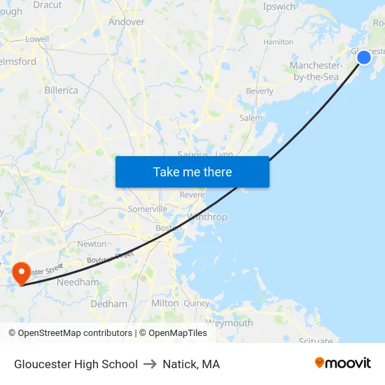 Gloucester High School to Natick, MA map