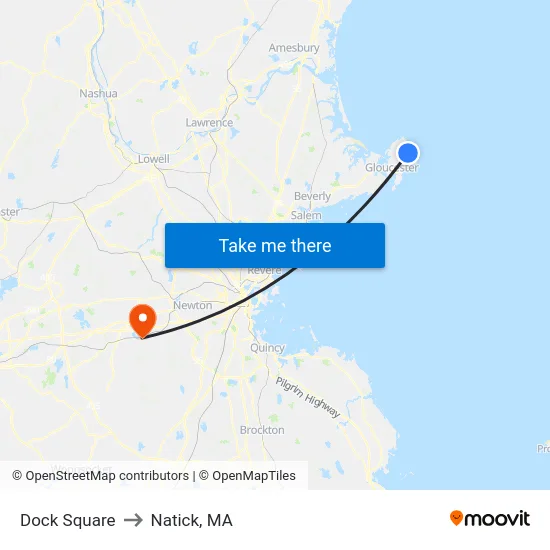 Dock Square to Natick, MA map