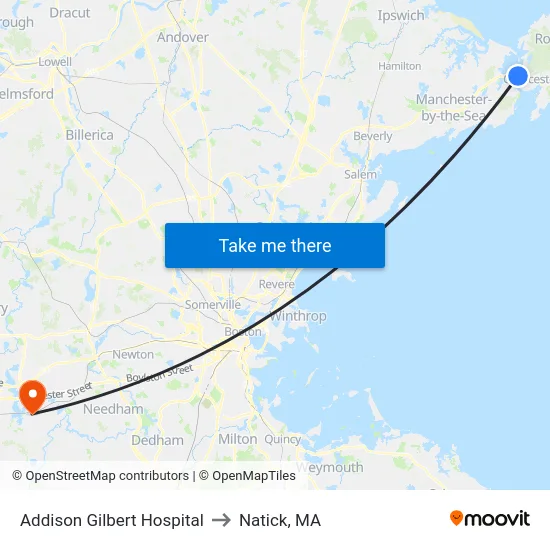 Addison Gilbert Hospital to Natick, MA map