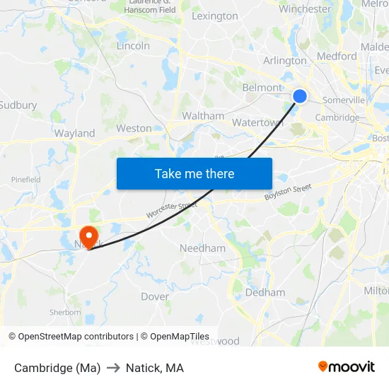 Cambridge (Ma) to Natick, MA map