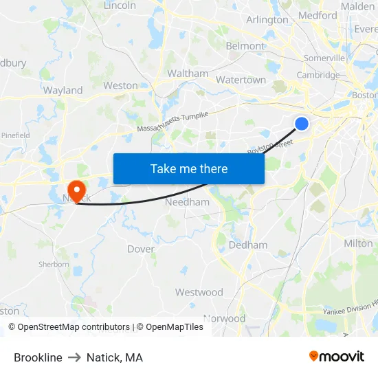 Brookline to Natick, MA map