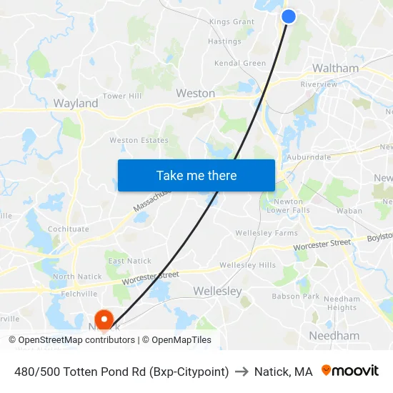 480/500 Totten Pond Rd  (Bxp-Citypoint) to Natick, MA map