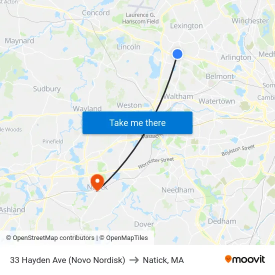 33 Hayden Ave (Novo Nordisk) to Natick, MA map