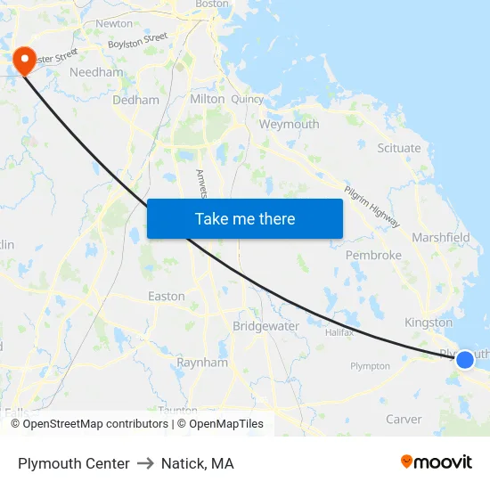 Plymouth Center to Natick, MA map