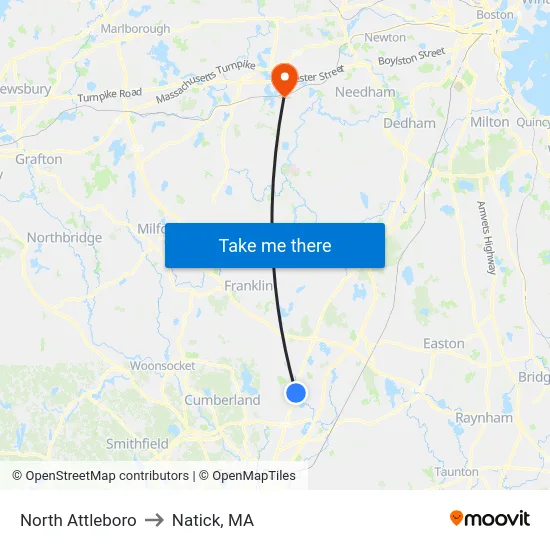 North Attleboro to Natick, MA map