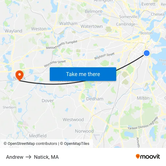 Andrew to Natick, MA map