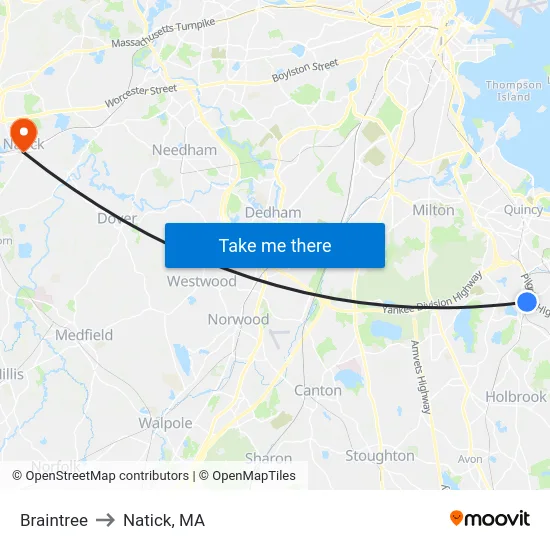 Braintree to Natick, MA map