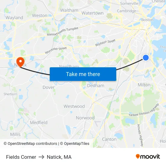 Fields Corner to Natick, MA map
