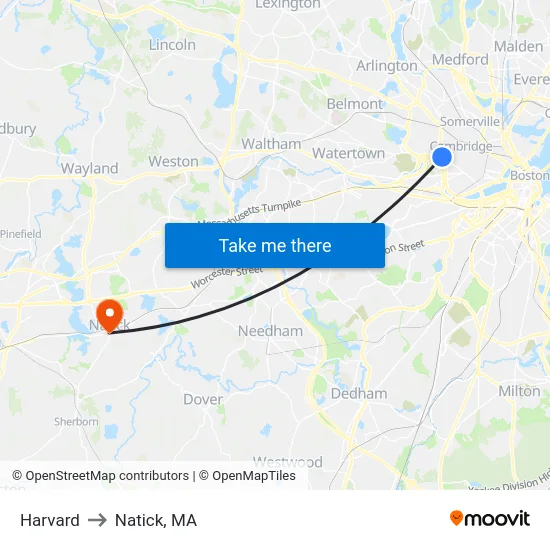 Harvard to Natick, MA map