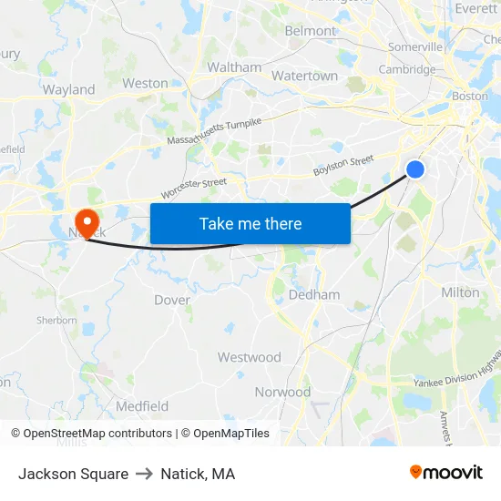 Jackson Square to Natick, MA map