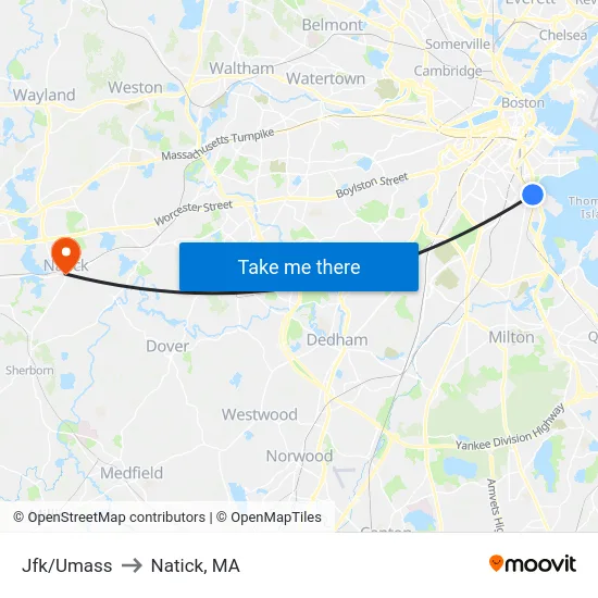 Jfk/Umass to Natick, MA map