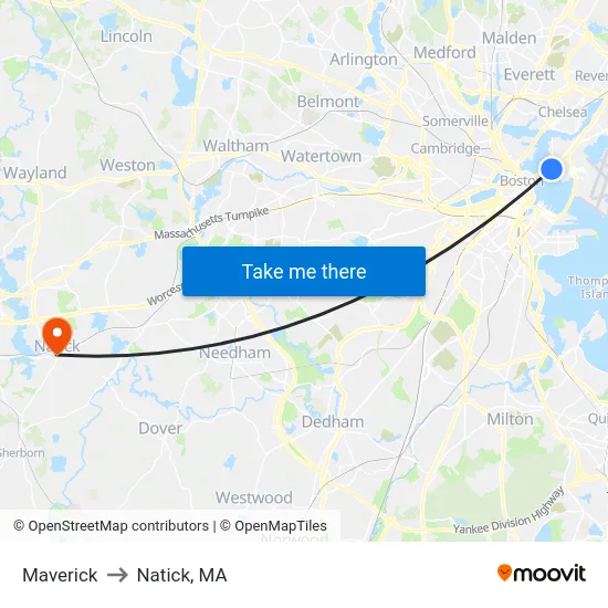 Maverick to Natick, MA map