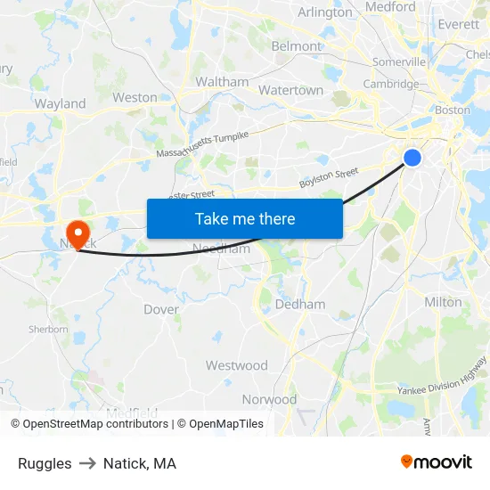 Ruggles to Natick, MA map