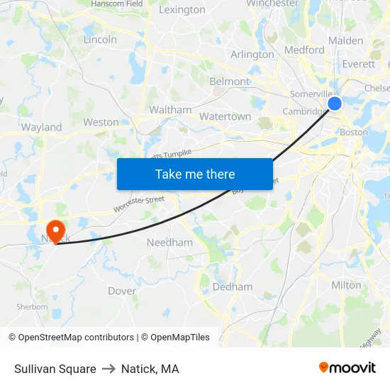 Sullivan Square to Natick, MA map