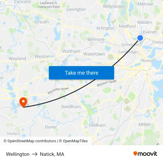 Wellington to Natick, MA map